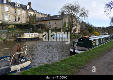 Bath, United Kingdom. Barges moored on the Kennet and Avon canal. Stock Photo