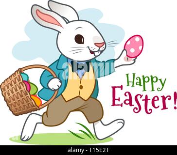 Easter bunny rabbit in jacket, vest and pants, happily running along, carrying basket full of colorful Easter eggs. Spring, Easter holiday, egg hunt,  Stock Vector