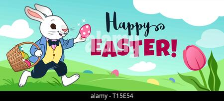 Easter bunny rabbit running in field, carrying basket full of candy eggs, eggs hidden in grass, blue sky with clouds in background, text 'Happy Easter Stock Vector