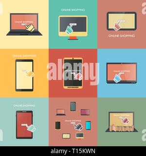 Online shopping concept, mobile and digital marketing. Set of flat design element, vector illustration. Stock Vector