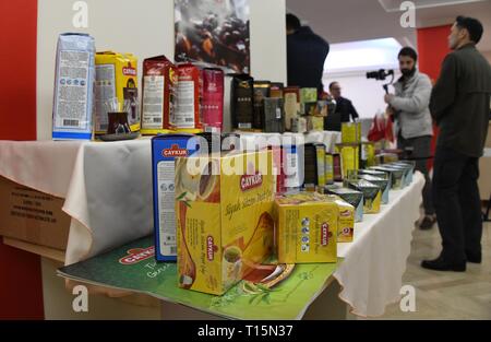 Istanbul, Turkey. 23rd Mar, 2019. Turkish tea products are on display at an event in Istanbul, Turkey, on March 23, 2019. Tea was presented in Istanbul on Saturday as a mutual cultural heritage of Turkey and China. TO GO WITH 'Tea presented as mutual heritage of Turkey, China in Istanbul' Credit: Xu Suhui/Xinhua/Alamy Live News Stock Photo