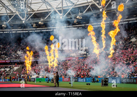 Pre-match festivities during the Aviva Premiership match between Saracens and Harlequins at the London Stadium, Queen Elizabeth Olympic Park , London, England on 23 March 2019. Photo by Phil Hutchinson. Editorial use only, license required for commercial use. No use in betting, games or a single club/league/player publications. Stock Photo