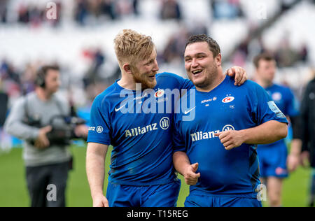 Saracens Jackson Wray and Jamie George at the end of Saracens win in the Aviva Premiership match between Saracens and Harlequins at the London Stadium, Queen Elizabeth Olympic Park , London, England on 23 March 2019. Photo by Phil Hutchinson. Editorial use only, license required for commercial use. No use in betting, games or a single club/league/player publications. Stock Photo