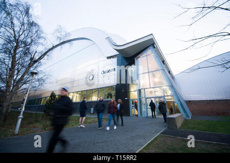 Edinburgh, Scotland - March 23: A general view of Oriam Scotland, home Scotland's National Sports Performance Centre before the UEFA Elite Round match between Scotland U17 Girl's and Norway U17 Girl's at Oriam Scotland, on March 23, 2019 in Edinburgh, Scotland. (Photo by Scottish Borders Media/Alamy Live News)  Editorial use only, license required for commercial use. No use in betting. Stock Photo