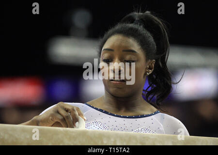 London, UK. 23rd Mar 2019. Simone Biles of USA prepares for her routine. Superstars of Gymnastics event at The O2 in London on Saturday  23rd March 2019.  Editorial usage only. picture by Steffan Bowen/Andrew Orchard sports photography/Alamy Live News Stock Photo