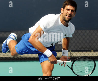 Miami, USA. 21st Mar, 2019.  Novak Djokovic of Serbia plays on a practice court at the Hard Rock Stadium at the Miami Open on March 21, 2019 in Miami Gardens, Florida. (Paul Hennessy/Alamy) Credit: Paul Hennessy/Alamy Live News Stock Photo