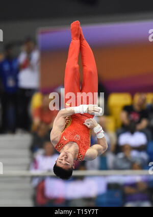 Doha, Qatar. 22nd Mar, 2019. Lan Xingyu of China competes during the men's rings final of the 12th FIG Artistic Gymnastics World Cup in Doha, Qatar, on March 22, 2019. Credit: Nikku/Xinhua/Alamy Live News Stock Photo