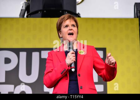 London, UK.  23rd March 2019: Nicola Sturgen, Leader of the SNP on stage in Parliament Square. One million people are estimated to have marched through London calling for the public to be given a final say on Brexit. Credit: Claire Doherty/Alamy Live News Stock Photo