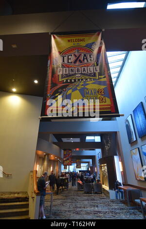 Frisco, USA. 23rd March, 2019. Sign advertising the Texas Pinball Festival at the Embassy Suites Dallas – Frisco Hotel and Convention Center. Credit: Mariana Fernandez/Alamy Live News Stock Photo