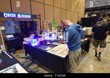 Frisco, USA. 23rd March, 2019.  Vendors hawk their wares at the Texas Pinball Festival at the Embassy Suites Dallas – Frisco Hotel and Convention Center. Credit: Mariana Fernandez/Alamy Live News Stock Photo