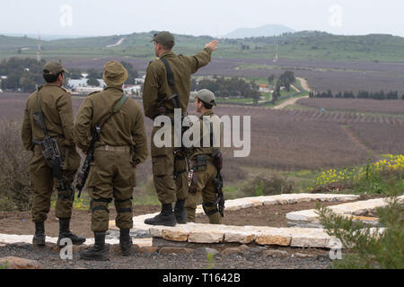 Golan Heights. 23rd Mar, 2019. Israeli soldiers prepare at the Quneitra crossing of the Israeli-occupied Golan Heights, on March 23, 2019, as demonstrations are expected on the Syrian side to protest against the recent remarks by U.S. President Donald Trump about Israel's sovereignty over the Israeli-occupied Golan Heights. Credit: JINI/Ayal Margolin/Xinhua/Alamy Live News Stock Photo