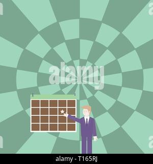 Businessman Smiling and Pointing to Colorful Calendar with Star Hang on Wall Design business concept Empty template copy space text for Ad website iso Stock Vector