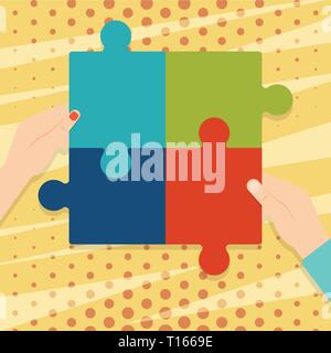 Four Blank Multi Color Jigsaw Puzzle Tile Pieces Put Together by Human Hands Design business Empty copy space text for Ad website promotion isolated B Stock Vector