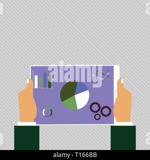 Hands Holding Tablet with Search Engine Optimization Driver Icons on Screen Design business concept Empty copy space modern abstract background Stock Vector