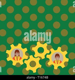 Two Business People Each Inside Colorful Cog Wheel Gears for Teamwork Event Business concept Empty template copy space isolated Posters coupons promot Stock Vector
