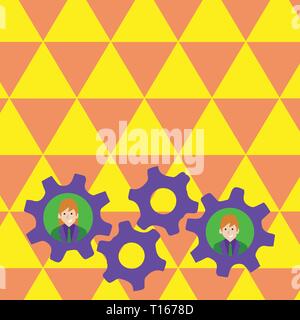 Two Business People Each Inside Colorful Cog Wheel Gears for Teamwork Event Copy Space design Empty template text for Ad, promotion, poster, flyer, we Stock Vector