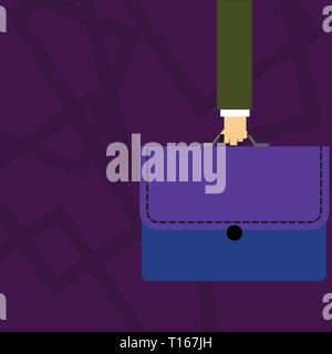 Businessman Hand Carrying Colorful Briefcase Portfolio with Stitch Applique Business concept Empty template copy space isolated Posters coupons promot Stock Vector