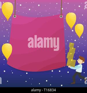 Man Carrying Pile of Boxes with Blank Tarpaulin in the Center and Balloons Design business Empty template isolated Minimalist graphic layout template  Stock Vector