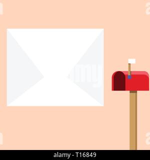 Blank Big White Envelope and Open Red Mailbox with Small Flag Up Signalling Design business Empty template isolated Minimalist graphic layout template Stock Vector