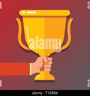 Hand Holding Blank Golden Championship Winners Cup Trophy with Reflection Design business Empty template isolated Minimalist graphic layout template f Stock Vector
