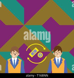 Money in Dollar Currency Sign Inside Rotating Arrows Between Two Businessmen Business concept Empty template copy space isolated Posters coupons promo Stock Vector