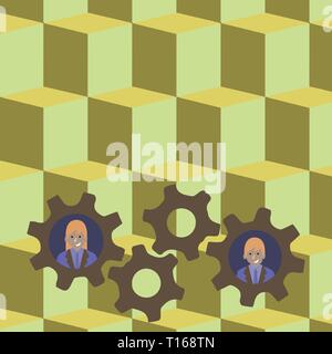 Two Business People Each Inside Colorful Cog Wheel Gears for Teamwork Event Design business concept Empty template copy space text for Ad website isol Stock Vector