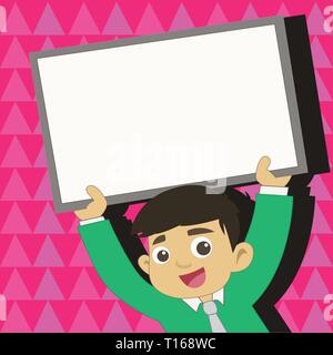 Young Smiling Student Raising Upward Blank Framed Whiteboard Above his Head Design business concept Empty copy text for Web banners promotional materi Stock Vector