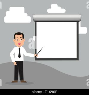Man in Necktie Talking Holding Stick Pointing to Blank White Screen on Wall Business concept Empty template copy space isolated Posters coupons promot Stock Vector