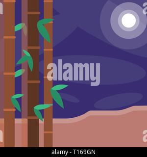 Colorful Sets of Leafy Bamboo on Left Side and Moon or Sun with Round Beam Copy Space design Empty template text for Ad, promotion, poster, flyer, web Stock Vector