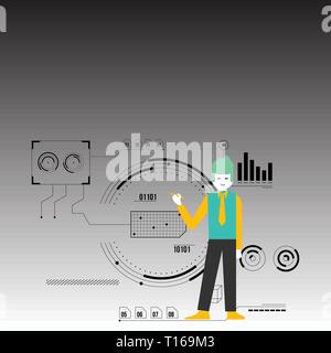 Man Standing Holding Pen Pointing to Chart Diagram with SEO Process Icons Design business Empty template isolated Minimalist graphic layout template f Stock Vector