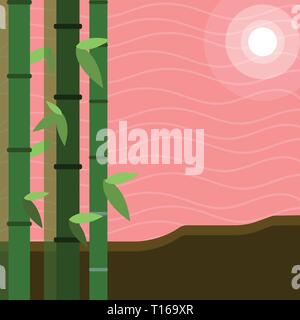 Colorful Sets of Leafy Bamboo on Left Side and Moon or Sun with Round Beam Design business concept Empty copy space modern abstract background Stock Vector