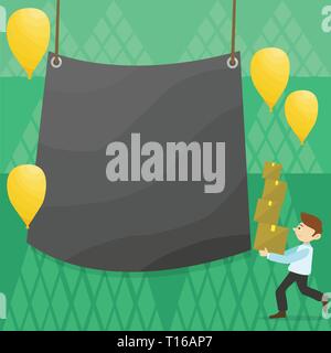 Man Carrying Pile of Boxes with Blank Tarpaulin in the Center and Balloons Business Empty template for Layout for invitation greeting card promotion p Stock Vector