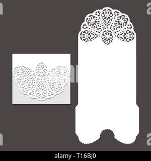Laser cut envelope template for invitation wedding card. Paper greeting card with lace border. Cut out template for cutting. Stock Vector
