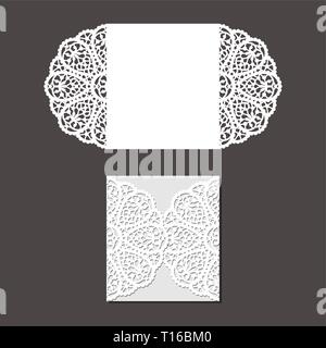 Laser cut envelope template for invitation wedding card. Paper greeting card with lace border. Cut out template for cutting. Stock Vector