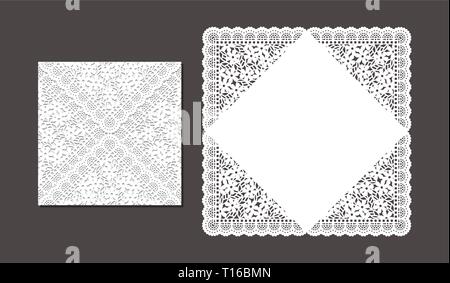 Laser cut envelope template for invitation wedding card. Paper greeting card with lace border. Cut out template for cutting. Stock Vector