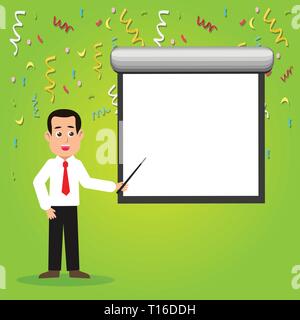 Man in Necktie Talking Holding Stick Pointing to Blank White Screen on Wall Business Empty template for Layout for invitation greeting card promotion  Stock Vector