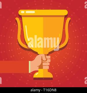 Hand Holding Blank Golden Championship Winners Cup Trophy with Reflection Business concept Empty template copy space isolated Posters coupons promotio Stock Vector