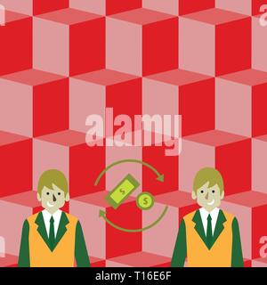 Money in Dollar Currency Sign Inside Rotating Arrows Between Two Businessmen Design business Empty copy space text for Ad website promotion isolated B Stock Vector