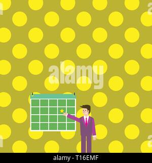 Businessman Smiling and Pointing to Colorful Calendar with Star Hang on Wall Design business concept Empty copy text for Web banners promotional mater Stock Vector