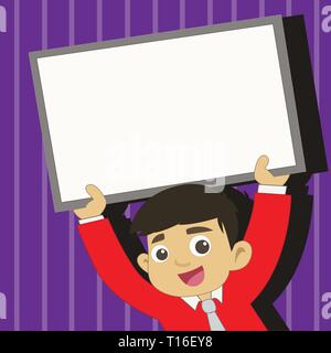 Young Smiling Student Raising Upward Blank Framed Whiteboard Above his Head Design business Empty template isolated Minimalist graphic layout template Stock Vector