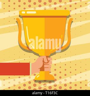 Hand Holding Blank Golden Championship Winners Cup Trophy with Reflection Design business Empty copy space text for Ad website promotion isolated Bann Stock Vector
