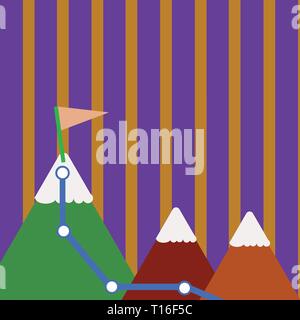 Three Mountains with Hiking Trail and White Snowy Top with Flag on One Peak Business concept Empty template copy space isolated Posters coupons promot Stock Vector
