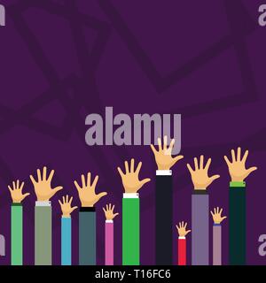 Hands of Several Businessmen Raising Up Above the Head, Palm Facing Front Design business Empty copy space text for Ad website promotion isolated Bann Stock Vector