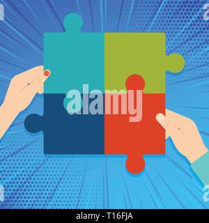 Four Blank Multi Color Jigsaw Puzzle Tile Pieces Put Together by Human Hands Design business concept. Business ad for website and promotion banners. e Stock Vector
