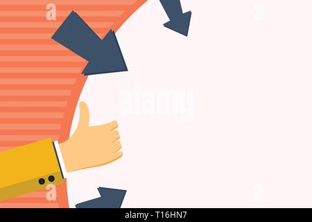 Hand Gesturing Thumbs Up and Holding on Blank Space Round Shape with Arrows Copy Space design Empty template text for Ad, promotion, poster, flyer, we Stock Vector