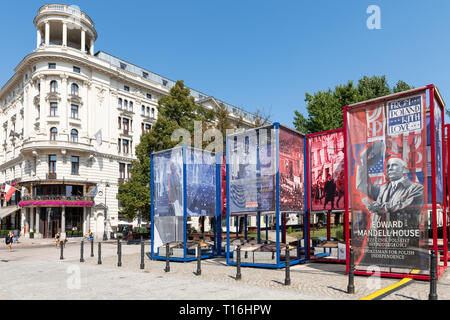 Warsaw, Poland - August 23, 2018: Old town street with signs for museum outdoor historical exhibit Stock Photo