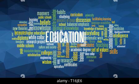 Word cloud, concept illustration shows words related to knowledge, learning, education, wisdom and similar concepts, on low poly background. Vector ES Stock Vector
