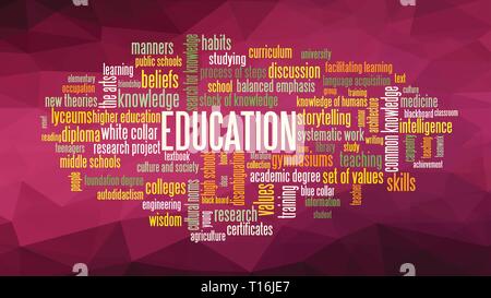 Word cloud, concept illustration shows words related to knowledge, learning, education, wisdom and similar concepts, on low poly background. Vector ES Stock Vector