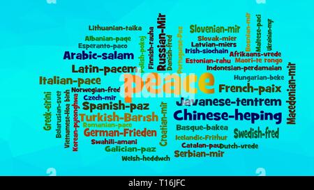 Peace Word Cloud, shows equivalents of 'Peace', how to say it in many languages, vector ESP10 Stock Vector