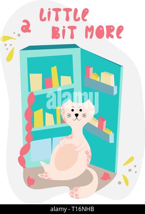 Cute bloated cat near the fridge in cartoon flat style. Hand drawn illustration with quote. Stock Vector